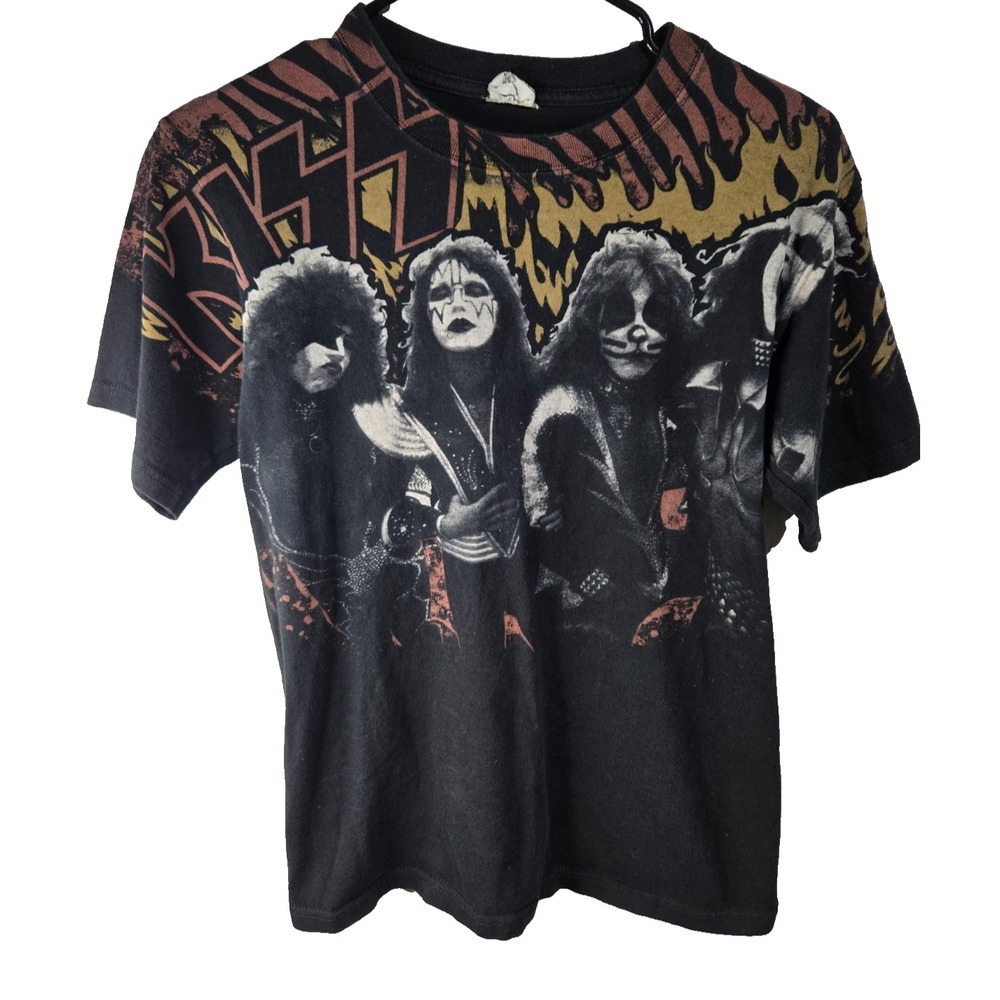 Vintage KISS T-Shirt Mens Size Small Black Flame Rock & Roll Band Tee Shirt VTG